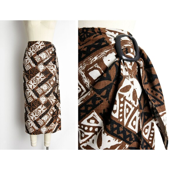 1990s Linen Blend Wrap Skirt Size Small 90s Block Print Vintage Express Skirt - Picture 1 of 8